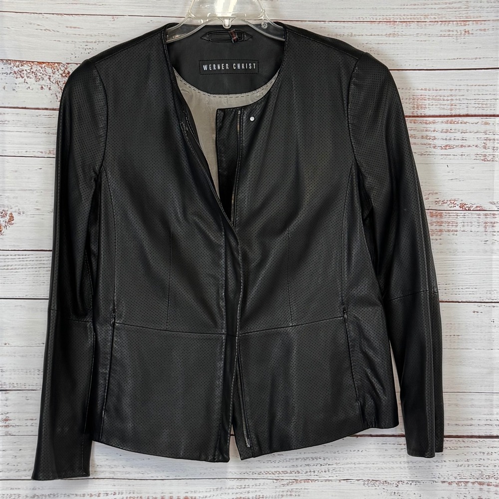 WERNER CHRIST Black Perforated Leather Jacket Blazer Collarless Zip Front S 42